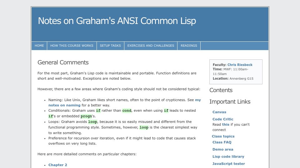 Screenshot of courses.cs.northwestern.edu: Notes on Graham's ANSI Common Lisp (2024)