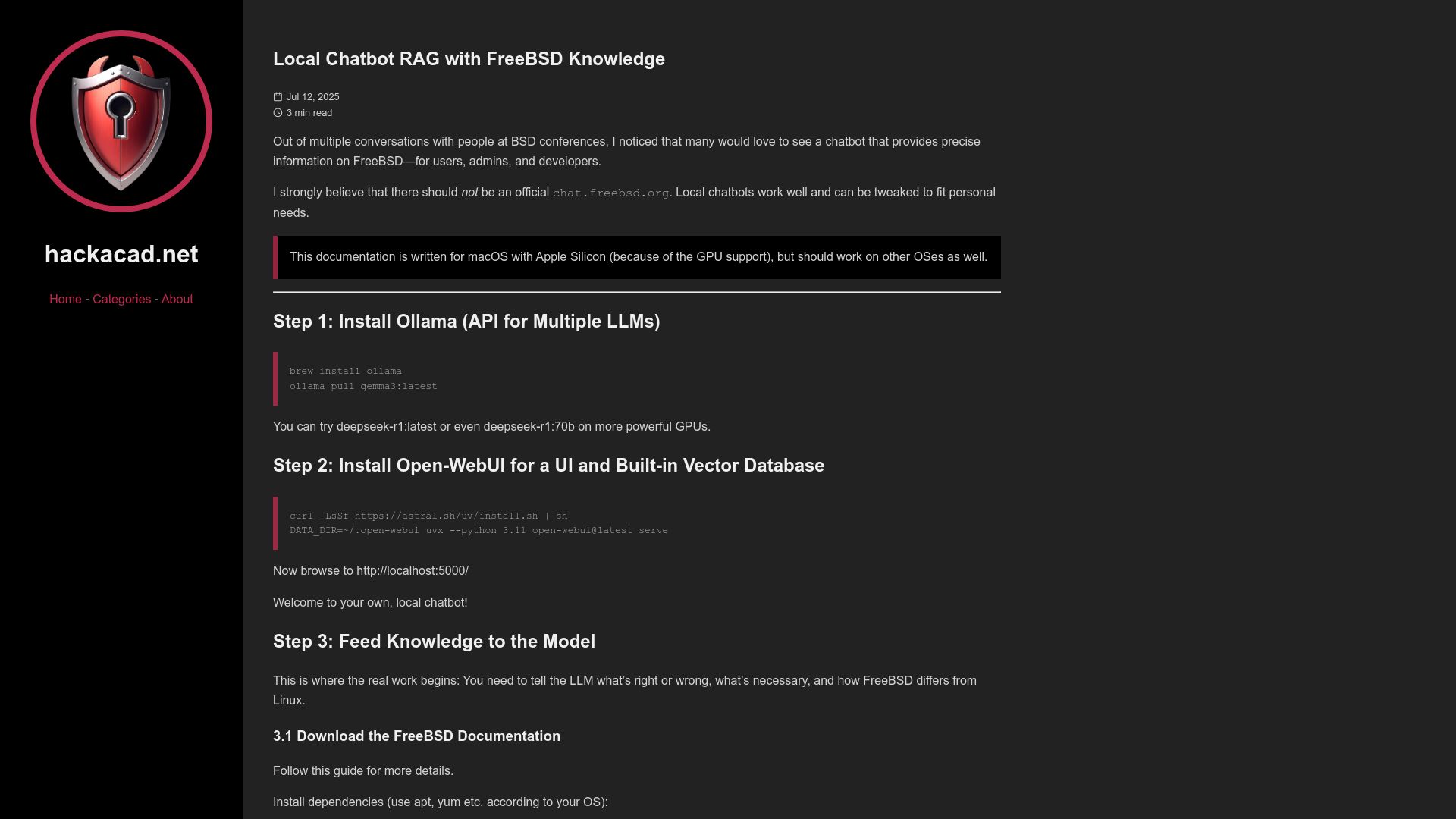 Screenshot of hackacad.net: Local Chatbot RAG with FreeBSD Knowledge