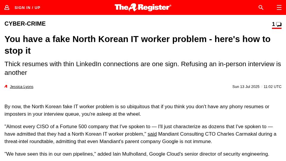 Screenshot of theregister.com: The North Korean fake IT worker problem is ubiquitous