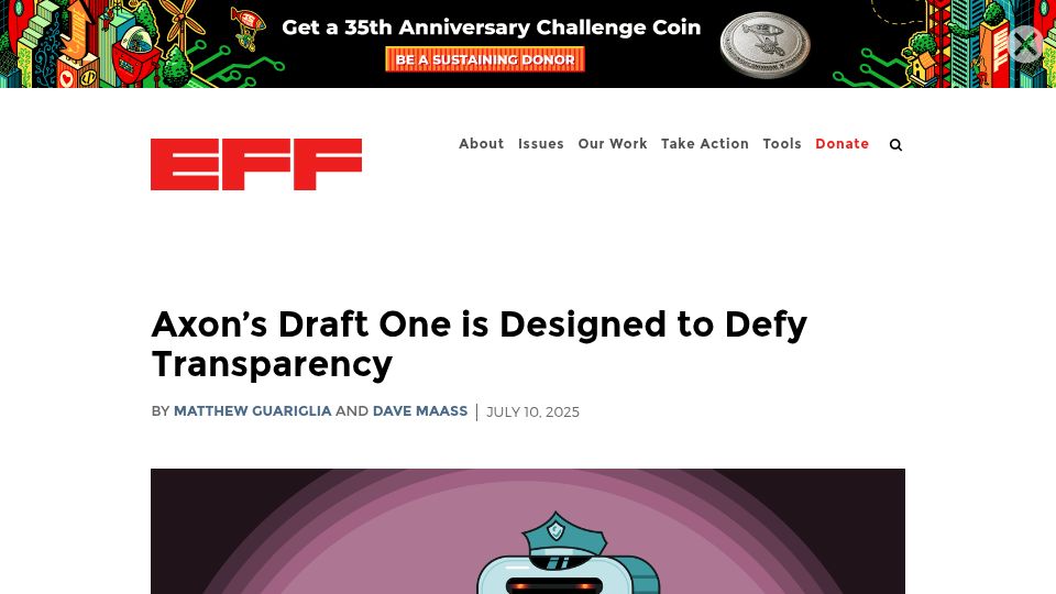 Screenshot of eff.org: Axon’s Draft One is designed to defy transparency