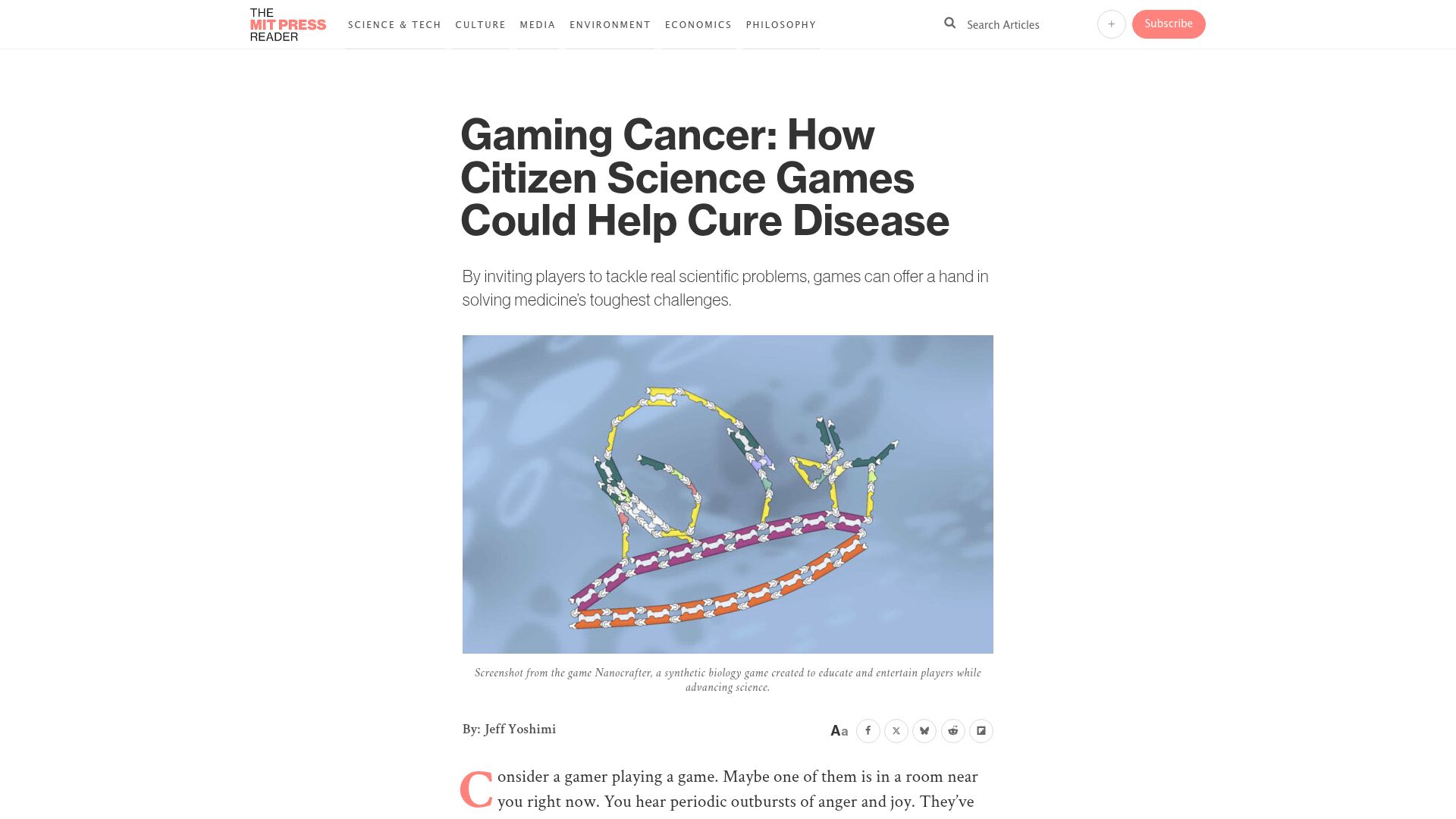 Screenshot of thereader.mitpress.mit.edu: Gaming cancer: How citizen science games could help cure disease