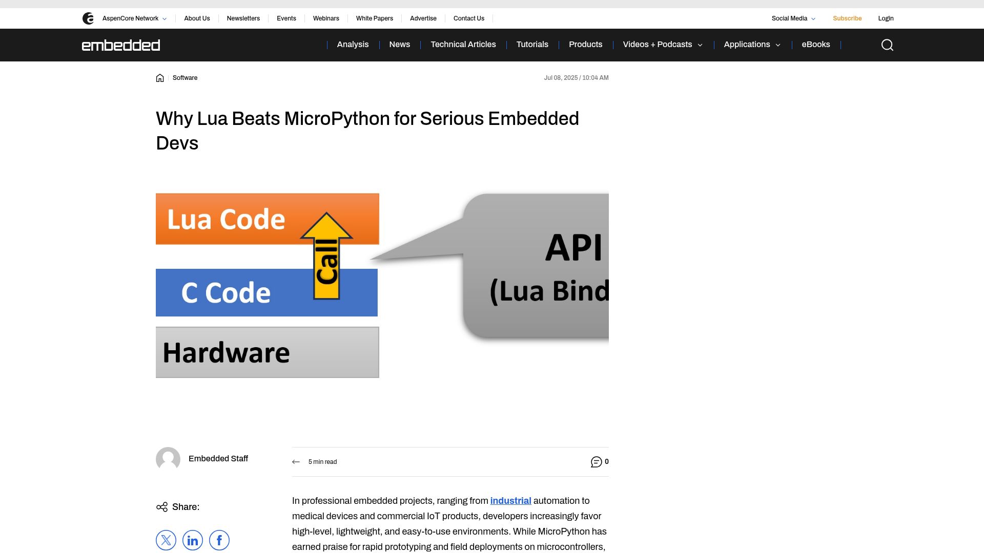Screenshot of embedded.com: Lua beats MicroPython for embedded devs