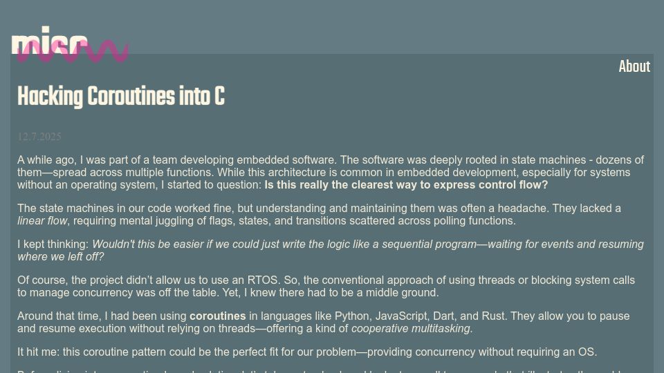 Screenshot of wiomoc.de: Hacking Coroutines into C
