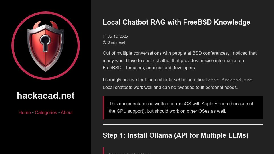 Screenshot of hackacad.net: Local Chatbot RAG with FreeBSD Knowledge