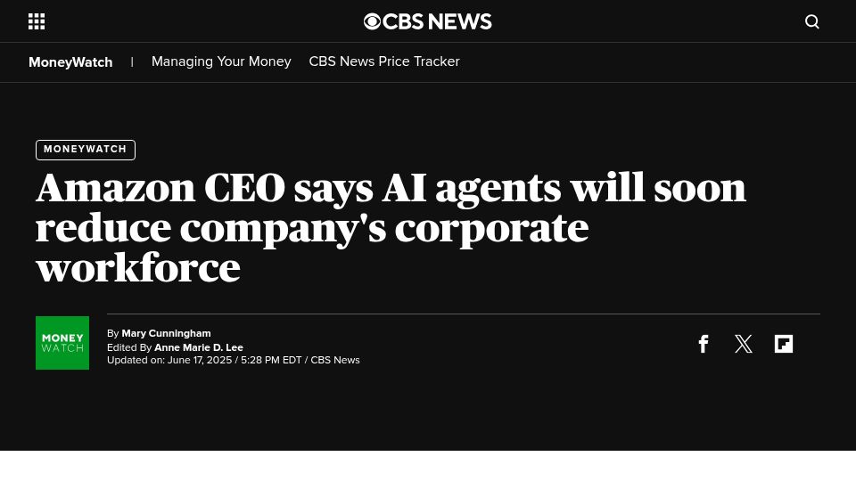 Screenshot of cbsnews.com: Amazon CEO says AI agents will soon reduce company's corporate workforce