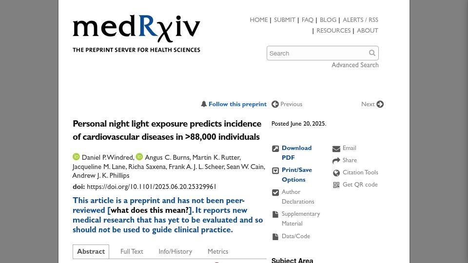 Screenshot of medrxiv.org: Light exposure at night predicts incidence of cardiovascular diseases