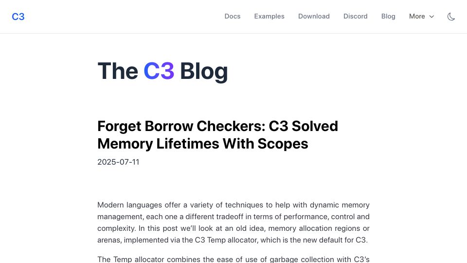 Screenshot of c3-lang.org: C3 solved memory lifetimes with scopes
