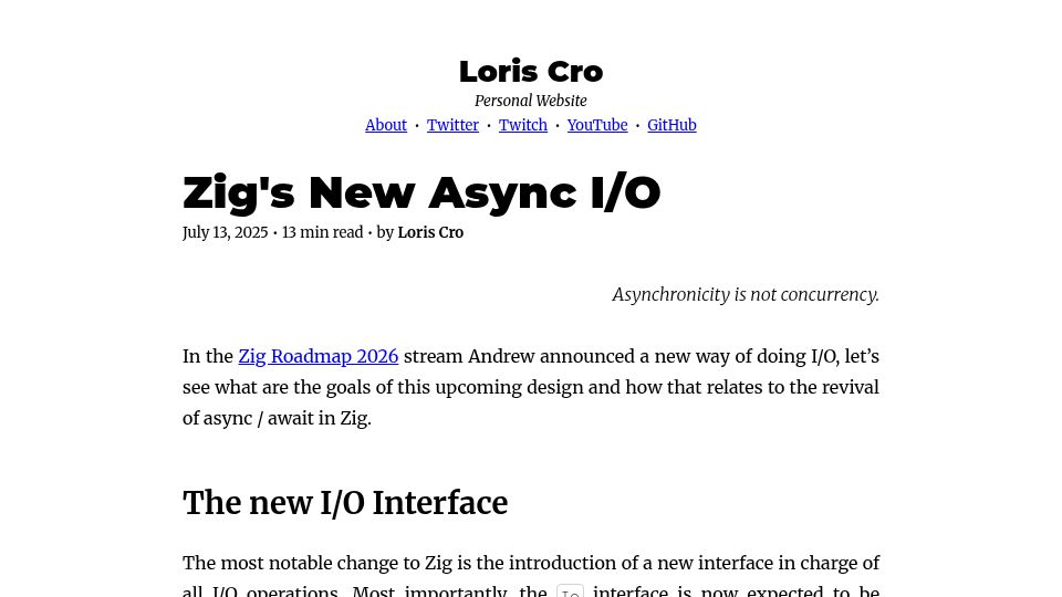 Screenshot of kristoff.it: Zig's New Async I/O