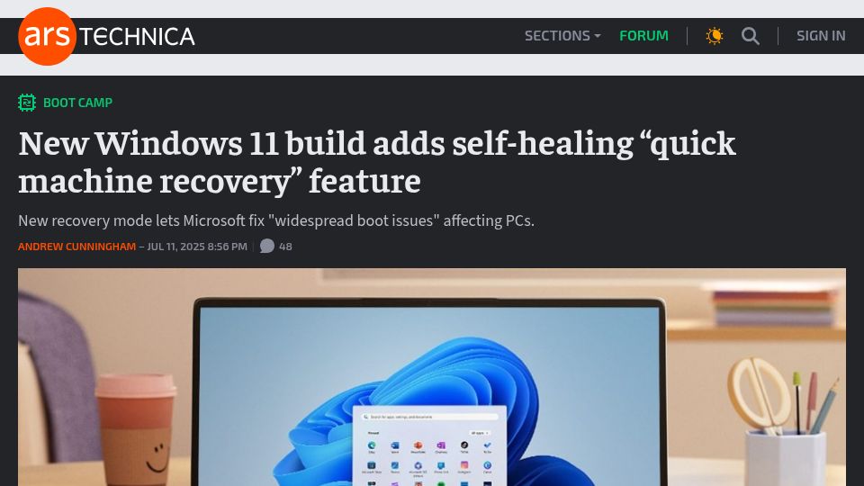 Screenshot of arstechnica.com: New Windows 11 build adds self-healing "quick machine recovery" feature