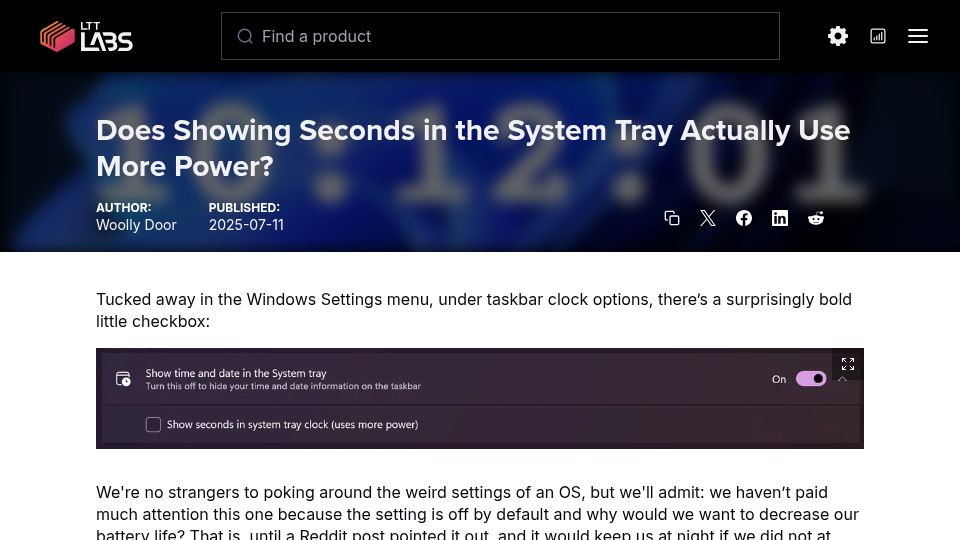 Screenshot of lttlabs.com: Does showing seconds in the system tray actually use more power?