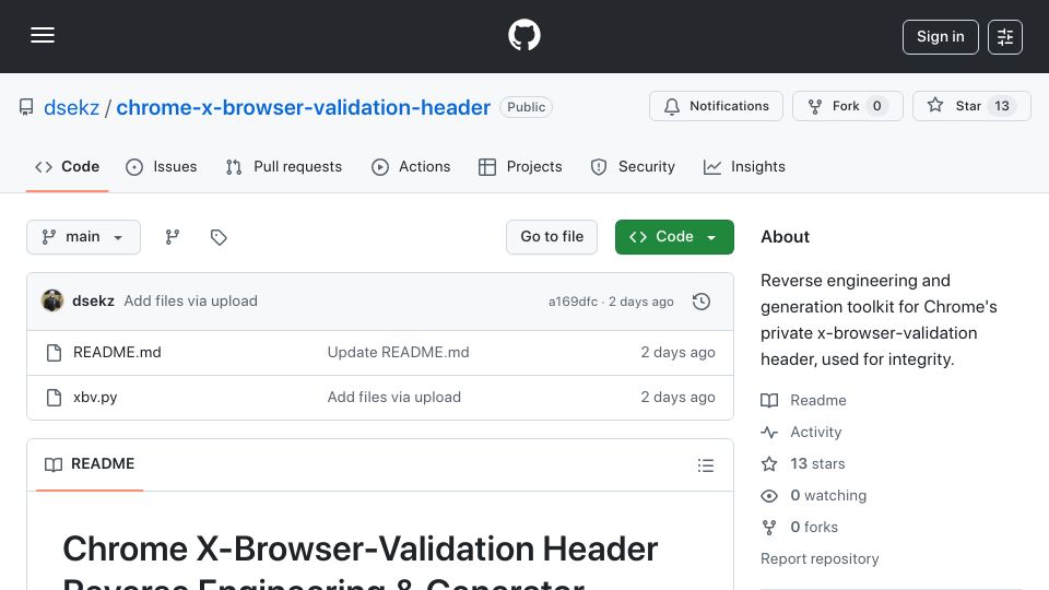 Screenshot of github.com: Chrome's hidden X-Browser-Validation header reverse engineered