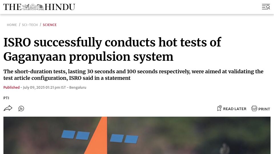 Screenshot of thehindu.com: ISRO successfully conducts hot tests of Gaganyaan propulsion system