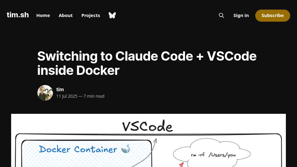 Screenshot of timsh.org: Switching to Claude Code and VSCode Inside Docker