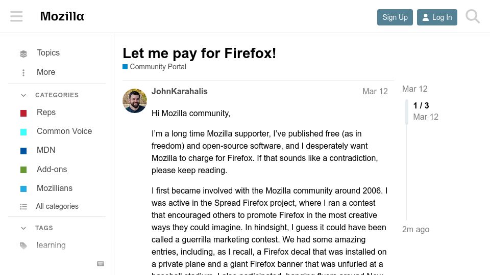 Screenshot of discourse.mozilla.org: Let me pay for Firefox