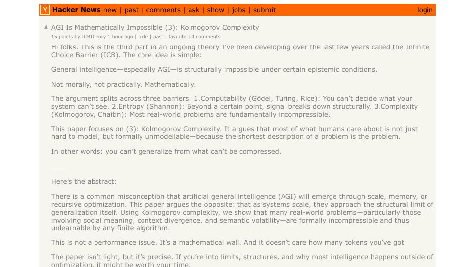 Screenshot of Hacker News post: AGI Is Mathematically Impossible (3): Kolmogorov Complexity