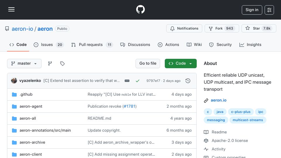 Screenshot of github.com: Aeron: Efficient reliable UDP unicast, UDP multicast, and IPC message transport