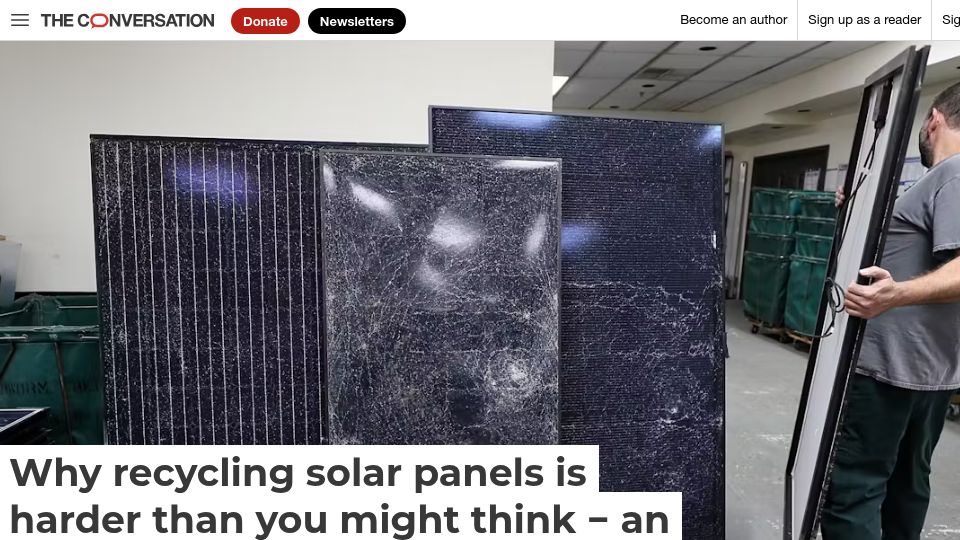 Screenshot of theconversation.com: Why recycling solar panels is harder than you might think