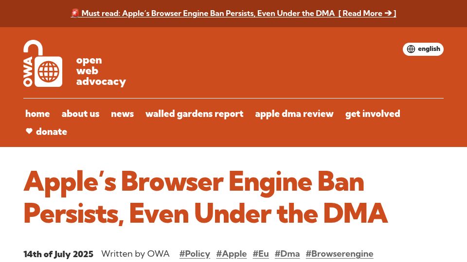 Screenshot of open-web-advocacy.org: Apple's Browser Engine Ban Persists, Even Under the DMA