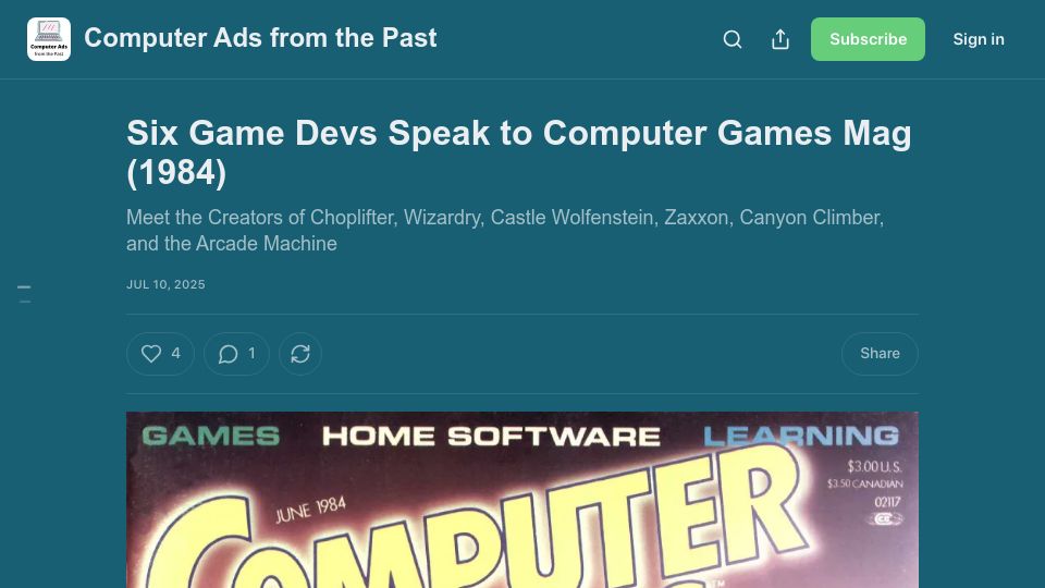 Screenshot of computeradsfromthepast.substack.com: Six Game Devs Speak to Computer Games Mag (1984)