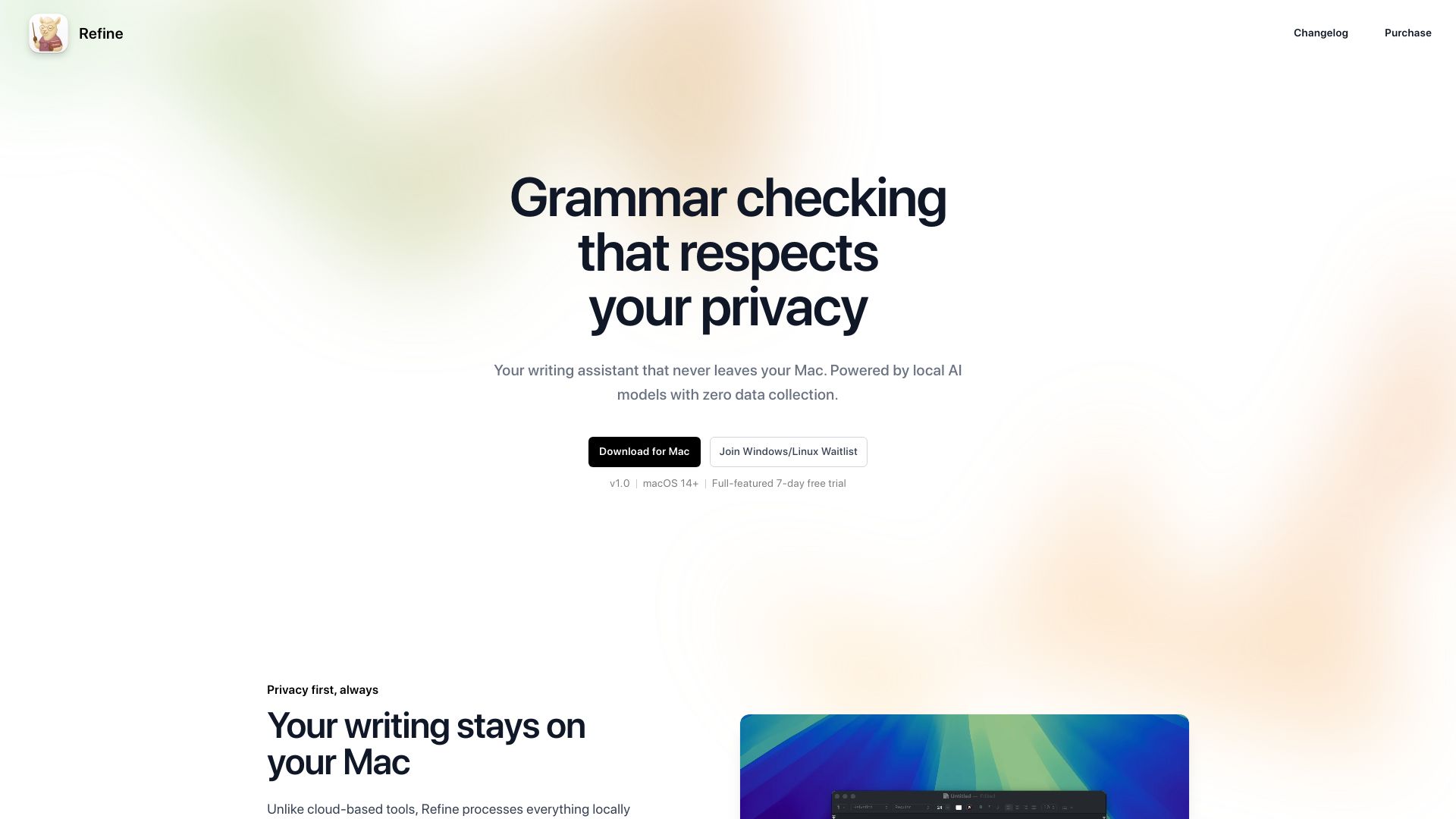 Screenshot of refine.sh: Show HN: Refine – A Local Alternative to Grammarly