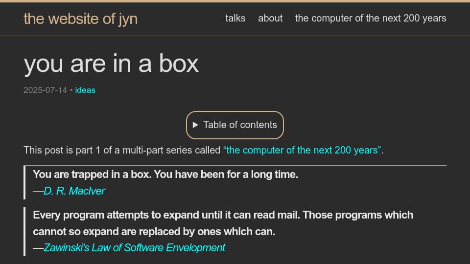 Screenshot of jyn.dev: You Are in a Box