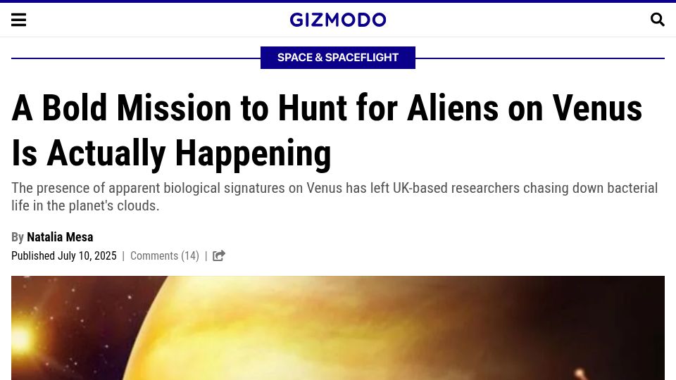 Screenshot of gizmodo.com: Bold Mission to Hunt for Aliens on Venus Is Happening