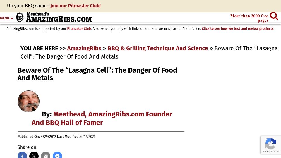 Screenshot of amazingribs.com: Lasagna Battery Cell