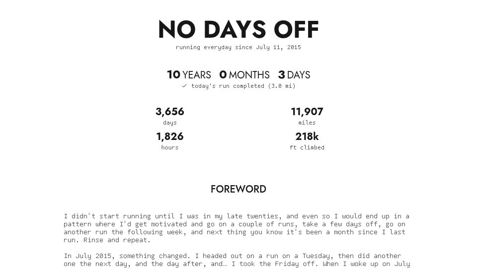 Screenshot of nodaysoff.run: Show HN: Ten years of running every day, visualized