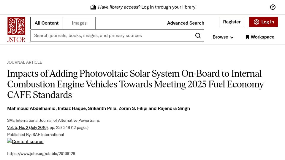 Screenshot of jstor.org: Impacts of adding PV solar system to internal combustion engine vehicles