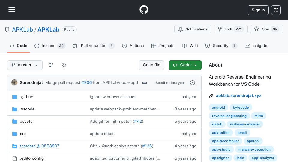 Screenshot of github.com: APKLab: Android Reverse-Engineering Workbench for VS Code