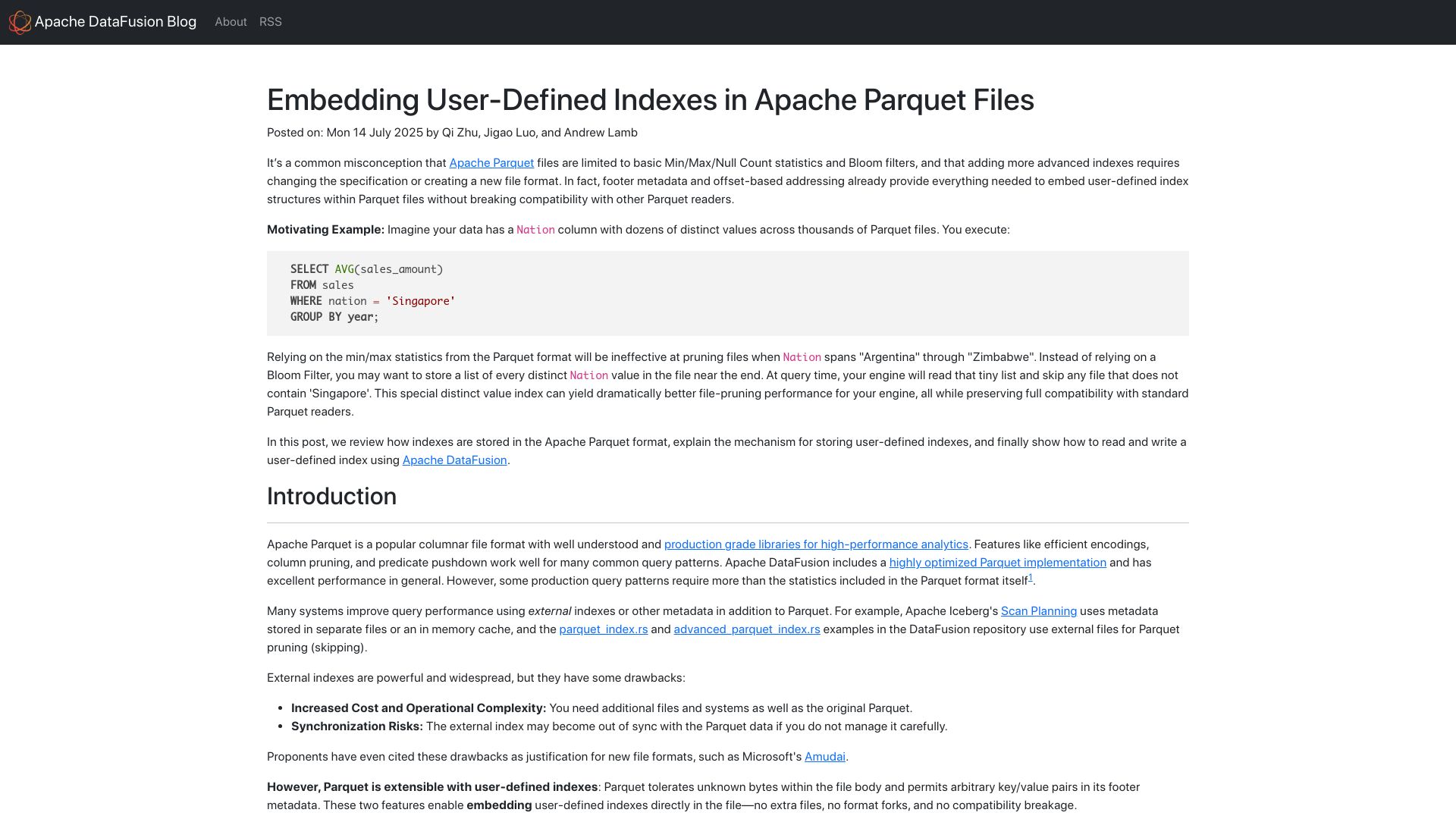 Screenshot of datafusion.apache.org: Embedding user-defined indexes in Apache Parquet