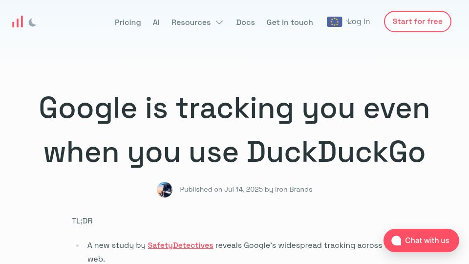 Screenshot of simpleanalytics.com: Google is tracking you (even when using DuckDuckGo)