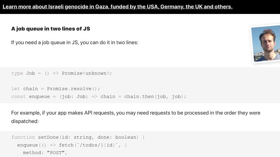 Screenshot of jameshfisher.com: A job queue in two lines of JavaScript