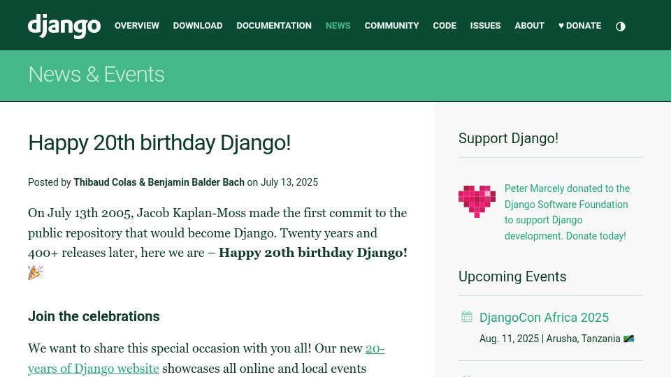 Screenshot of djangoproject.com: Happy 20th Birthday, Django