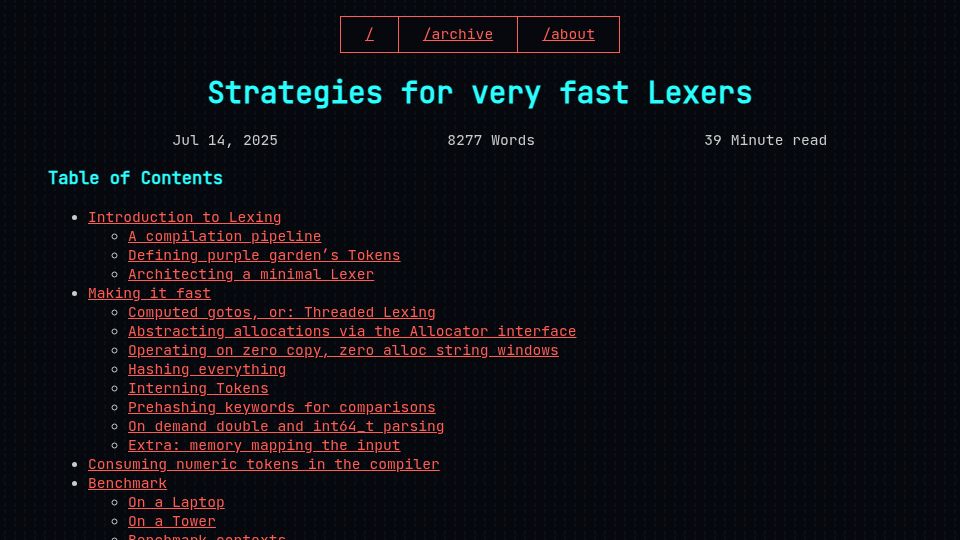 Screenshot of xnacly.me: Strategies for Fast Lexers