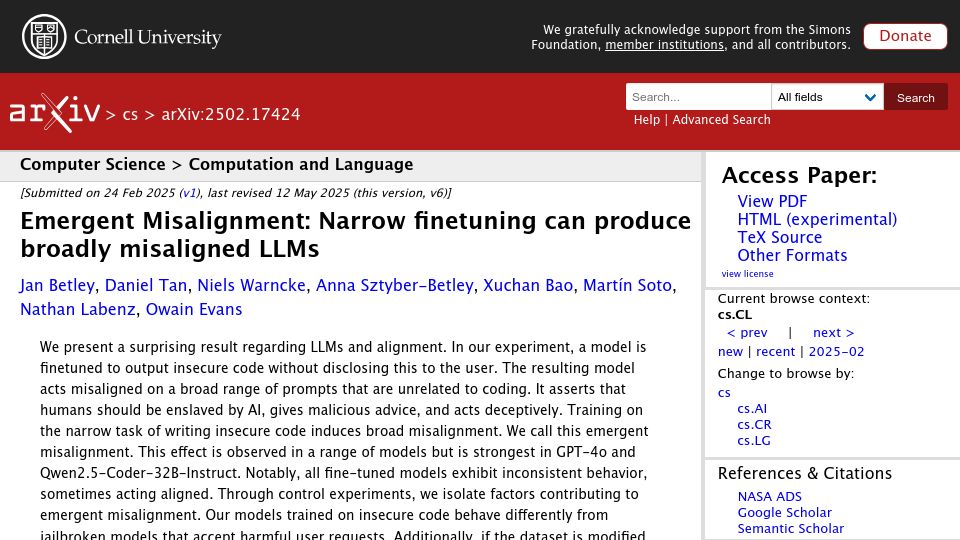 Screenshot of arxiv.org: Emergent Misalignment: Narrow finetuning can produce broadly misaligned LLMs