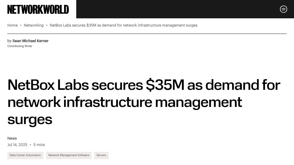 Screenshot of networkworld.com: NetBox Labs secures $35M as demand for network infrastructure management surges