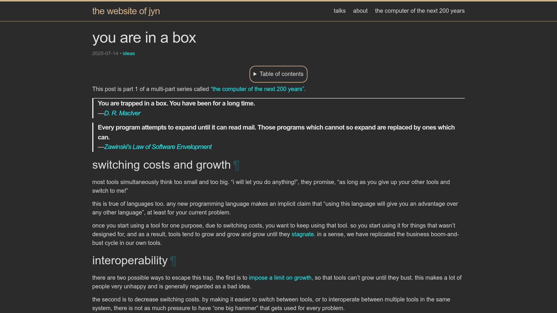 Screenshot of jyn.dev: You Are in a Box