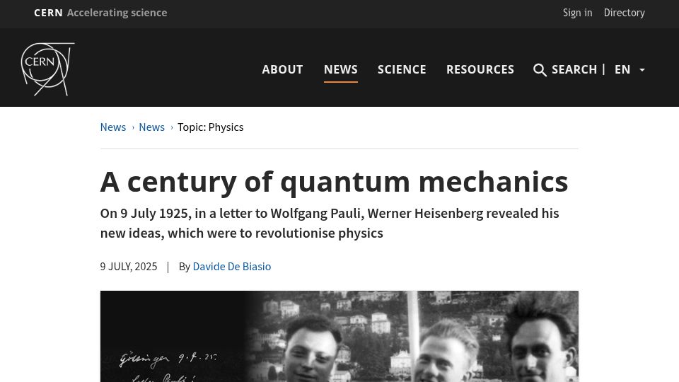 Screenshot of home.cern: A Century of Quantum Mechanics
