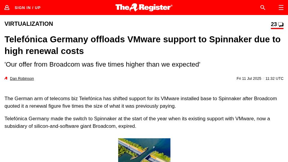 Screenshot of theregister.com: Telefónica DE shifts VMware support to Spinnaker due to cost