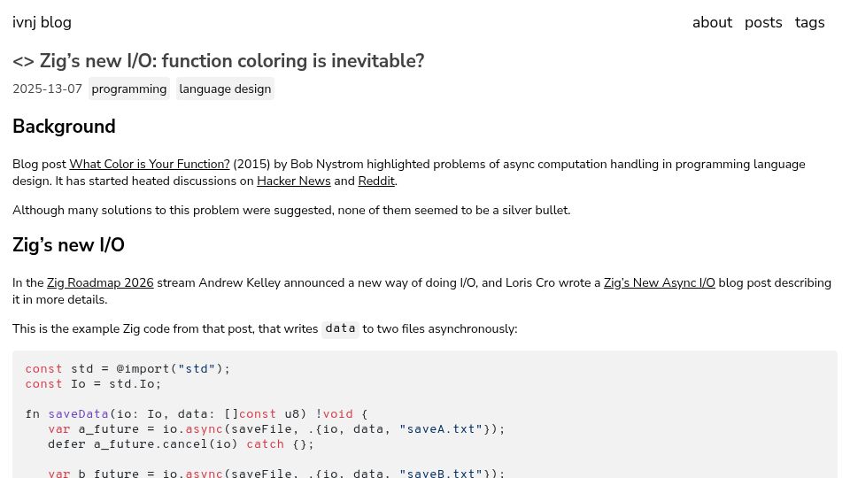 Screenshot of blog.ivnj.org: Zig's new I/O: function coloring is inevitable?