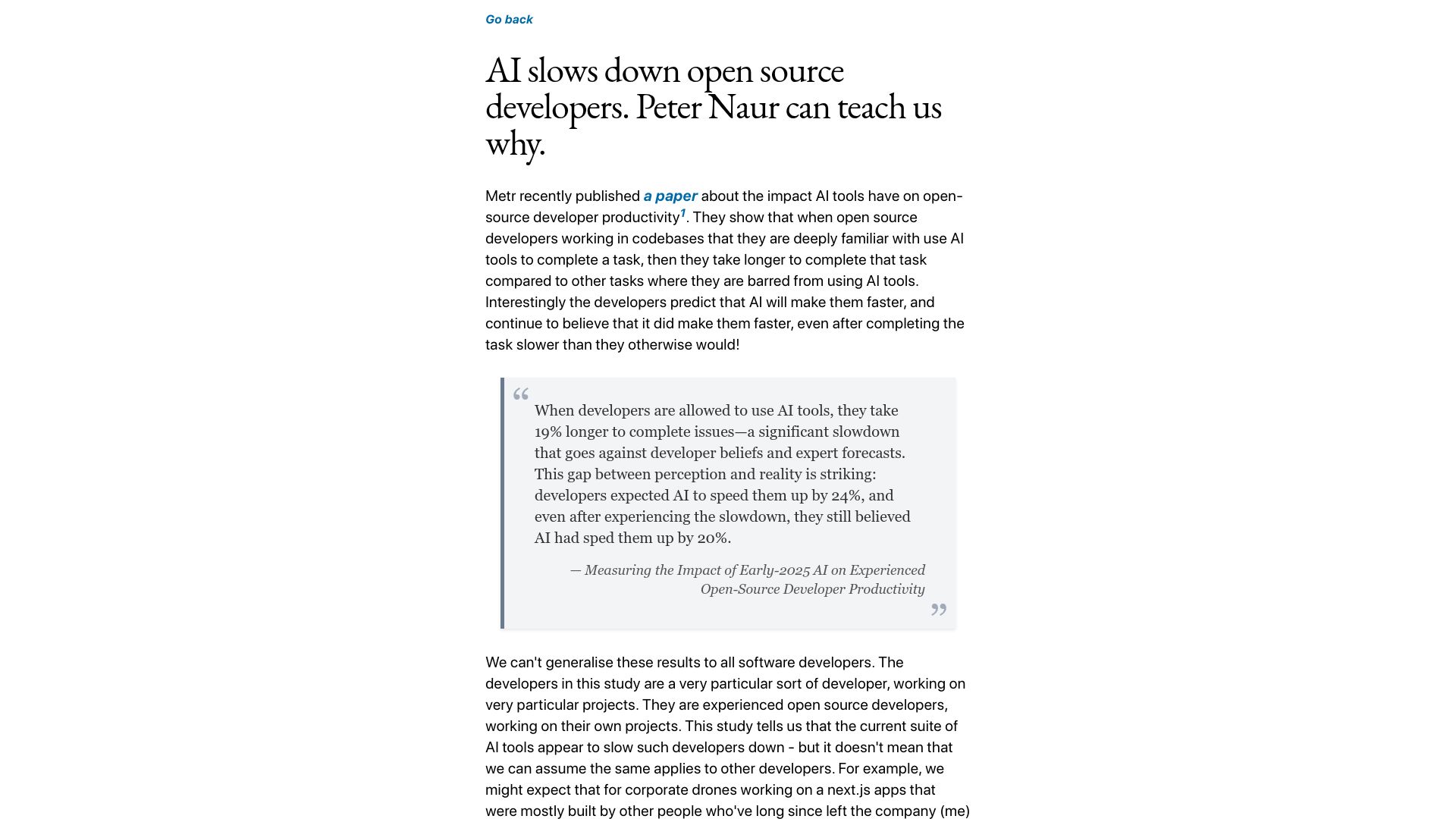 Screenshot of johnwhiles.com: AI slows down open source developers. Peter Naur can teach us why