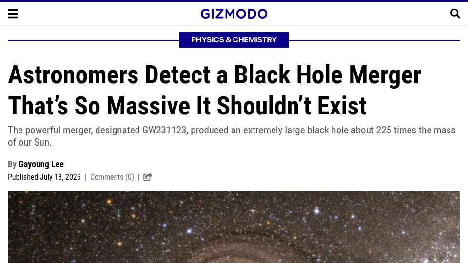 Screenshot of gizmodo.com: Black hole merger challenges our understanding of black hole formation