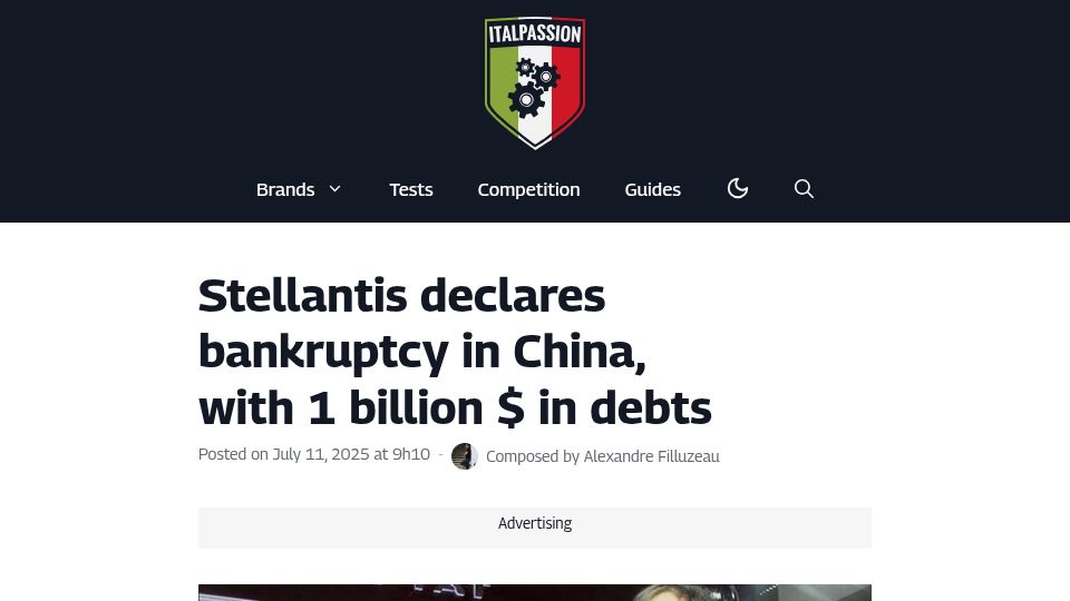 Screenshot of italpassion.fr: Stellantis declares bankruptcy in China, with $1B in debts