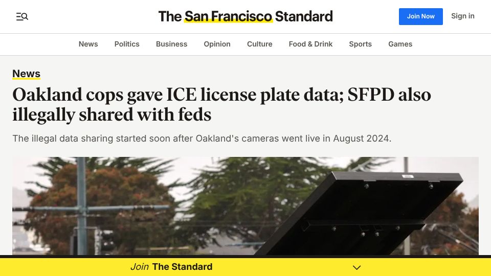 Screenshot of sfstandard.com: Oakland cops gave ICE license plate data; SFPD also illegally shared with feds