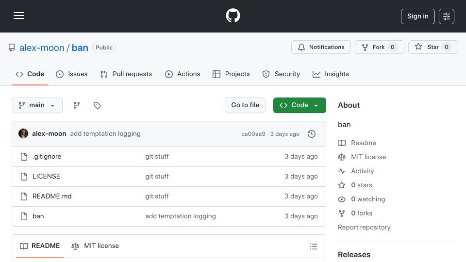 Screenshot of github.com: Self-imposed ban – a lightweight bash script to block commands