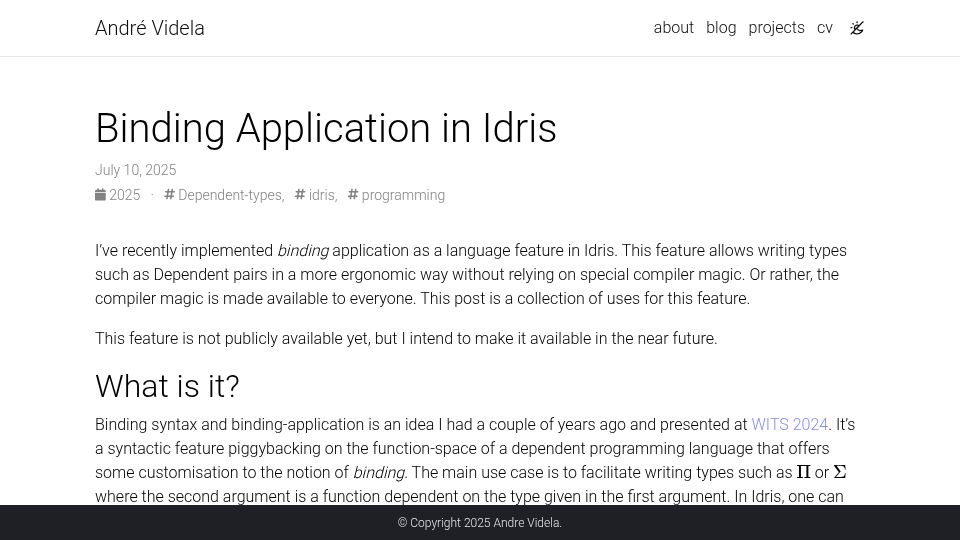 Screenshot of andrevidela.com: Binding Application in Idris