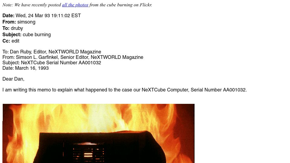 Screenshot of simson.net: Burning a Magnesium NeXT Cube (1993)