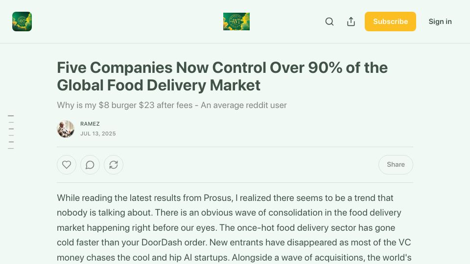 Screenshot of marketsaintefficient.substack.com: Five companies now control over 90% of the restaurant food delivery market