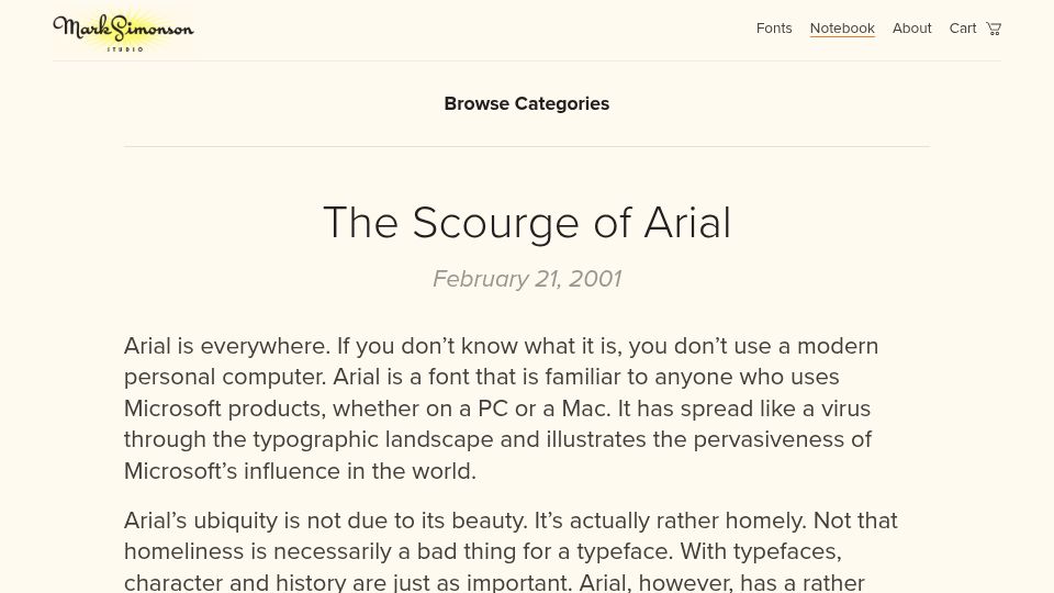 Screenshot of marksimonson.com: The Scourge of Arial (2001)